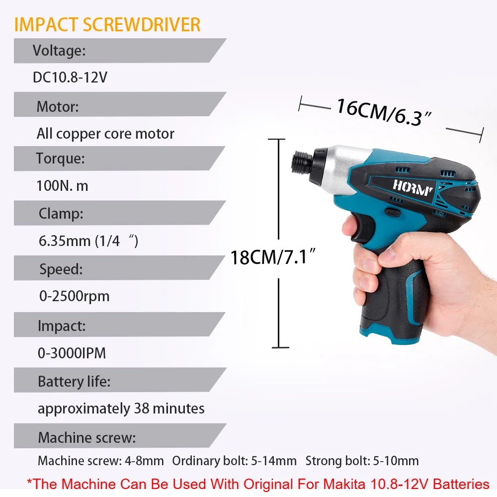 Hormy 전기 무선 스크루 드라이버, 충전식 임팩트 드릴, 충전 드릴, 휴대용 전동 공구, Makita 12V 배터리, 100N.m