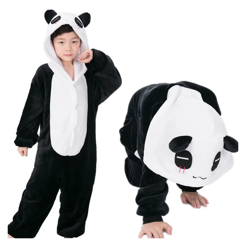 Winter Flannel Cartoon Panda Onesie Pajamas Thicken Hooded Warm Sleepwear Halloween Family Party Child Homewear Nightwear