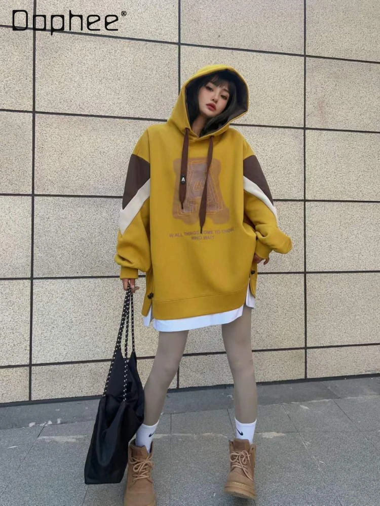 

Fashion Hooded Sweatshirts 2024 Spring Autumn Color Matching Letters Printed Korean Style Loose False Two Pieces Hoodies Women