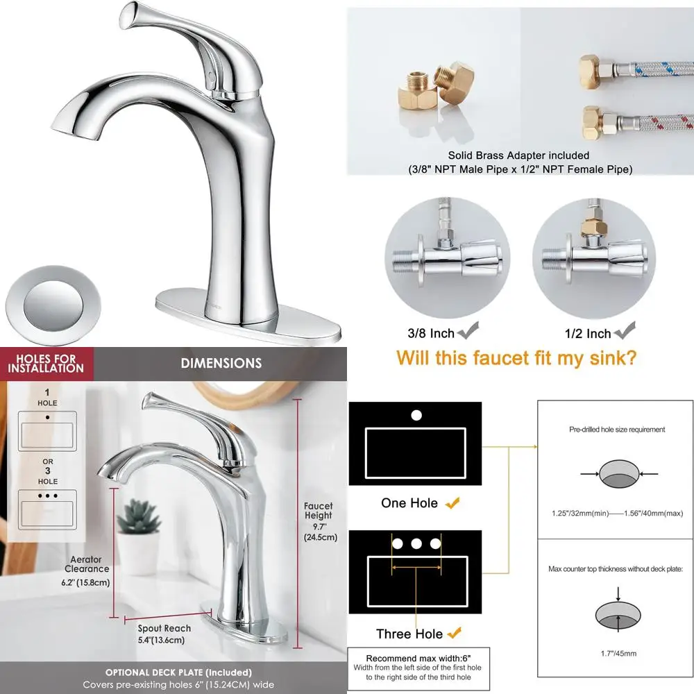 

Single Handle Basin Vanity Faucet with Pop-Up Drain, 1 or 3 Hole Bathroom Sink Faucet, Deck Plate Included, Polished Finish