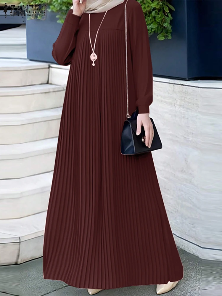 ZANZEA Vintage Women Pleated Maxi Dress Autumn O Neck Long Sleeve Muslim Sundress Fashion Casual Abaya Dresses Robe Femme Kaftan