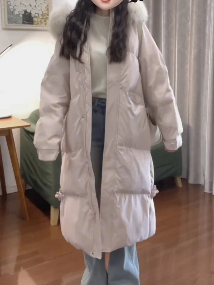 여성용 중간 길이 다운 재킷 2025년 겨울 신상 슬레 무릎 길이 퍼 칼라 두꺼운 외투 출퇴근용 슬레 한국 버전