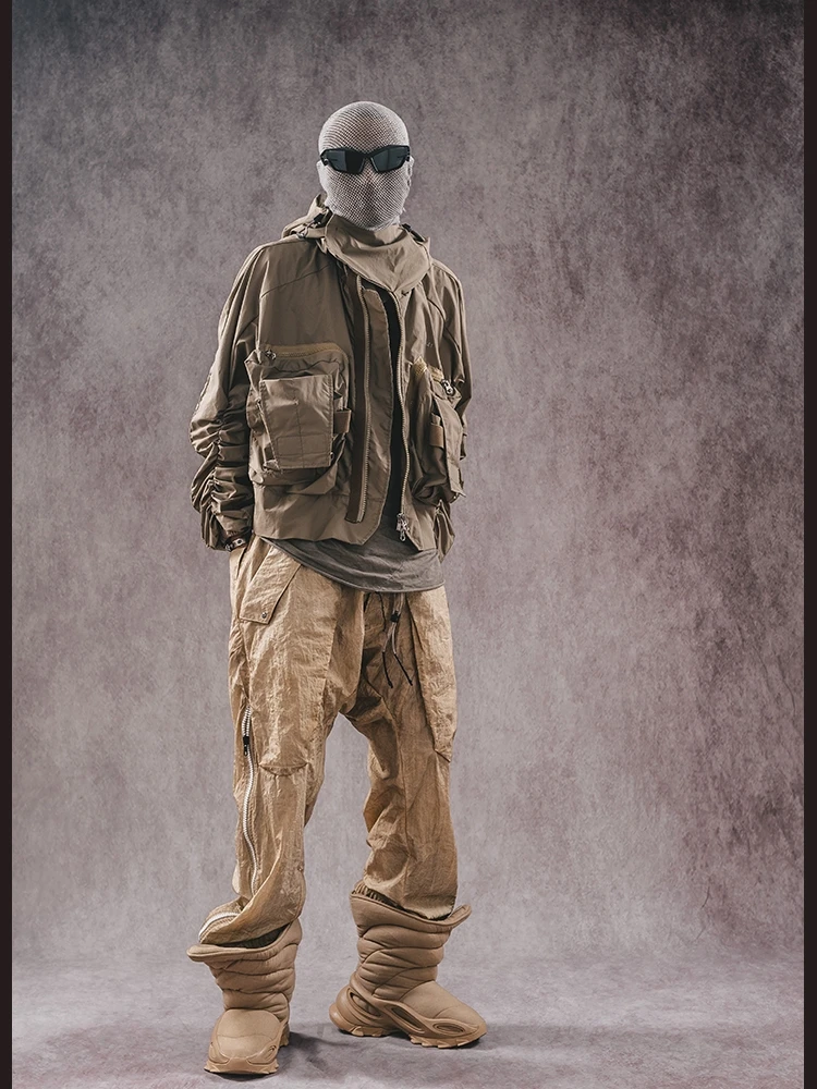 Wasteland Techwear Casual Worn Looking Washed-out Design Ankle-Tied Zipper Trousers Trendy Sports Pants