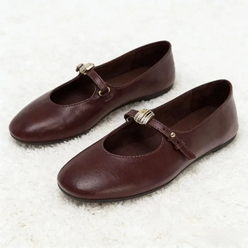 Unique Metal Decoration Ballet Flats Women High-Quality Brown Soft Leather PU Round-Toe Mary Jane Shoes Retro Light Casual Shoes