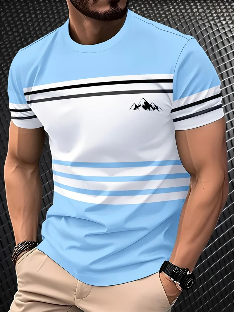 Mens Light Blue White Stripe Mountain Print T Shirt Casual Crew Neck Short Sleeve Tops