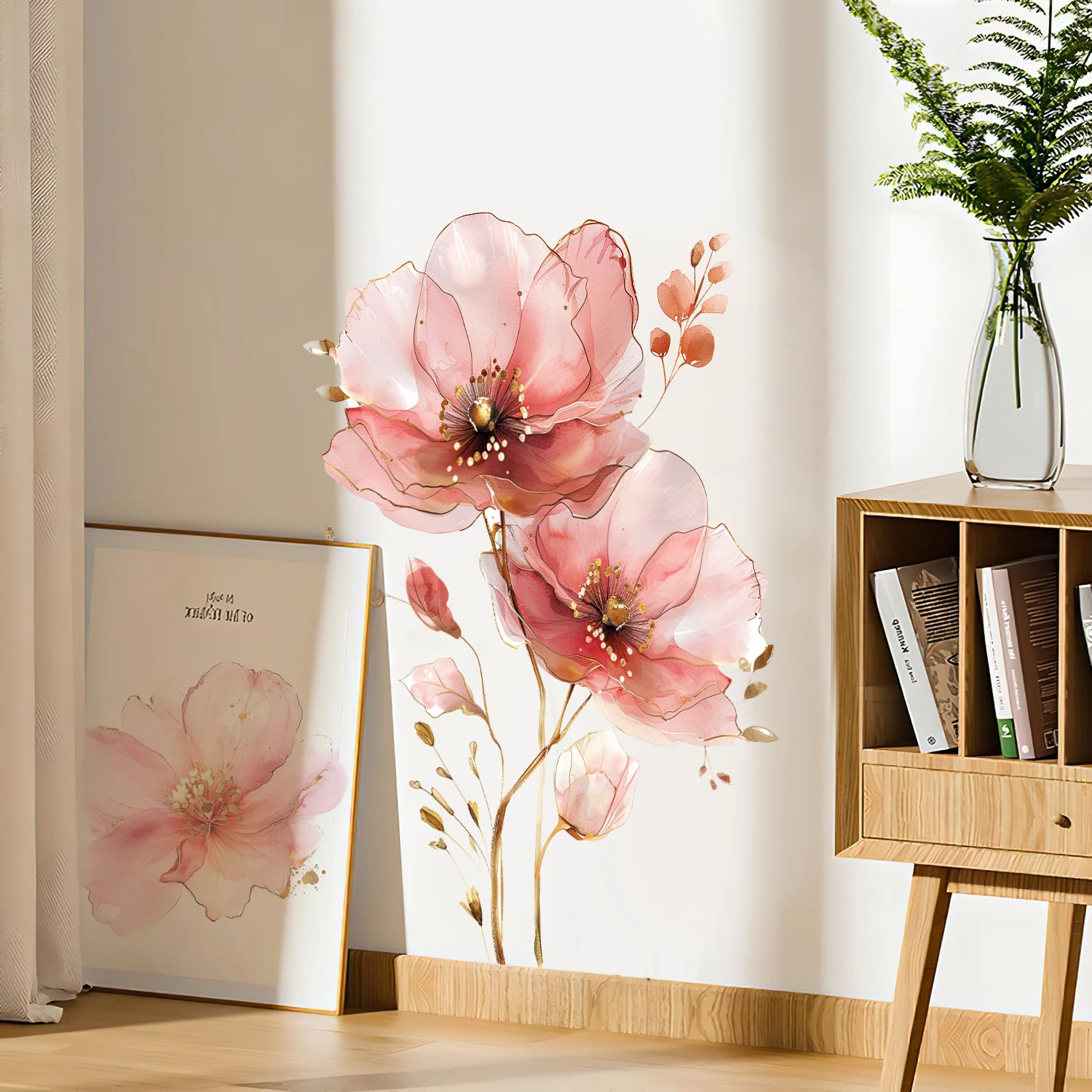 Watercolor Gold Line Elegant Pink Flower Wall Sticker Wall Sticker Bedroom Living Room Girls Room PVC Decal Entryway Home Decor