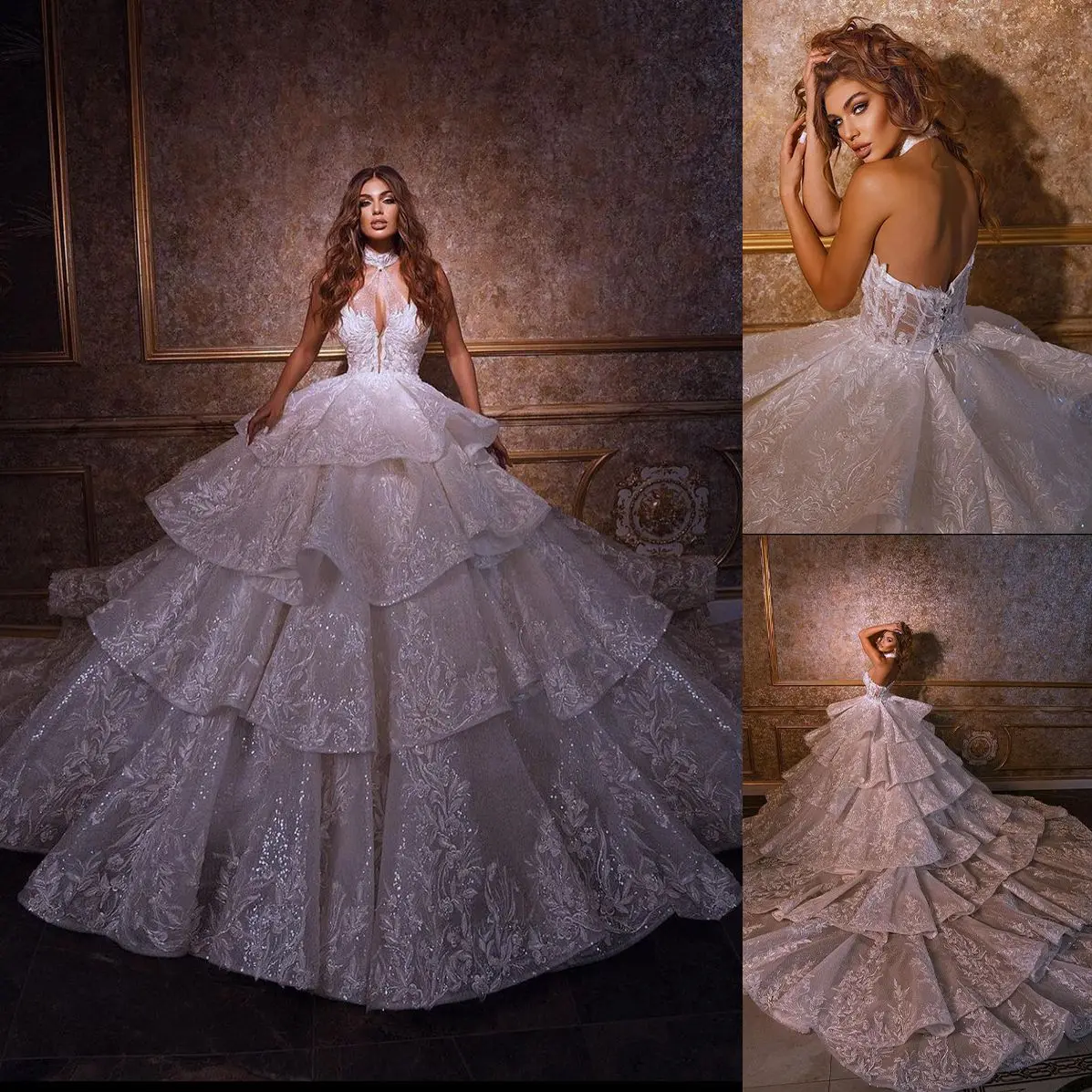 

Luxurious Tiered Wedding Dress Ball Gown Custom Made Halter Sequins Lace Backless Church Bridal Dresses