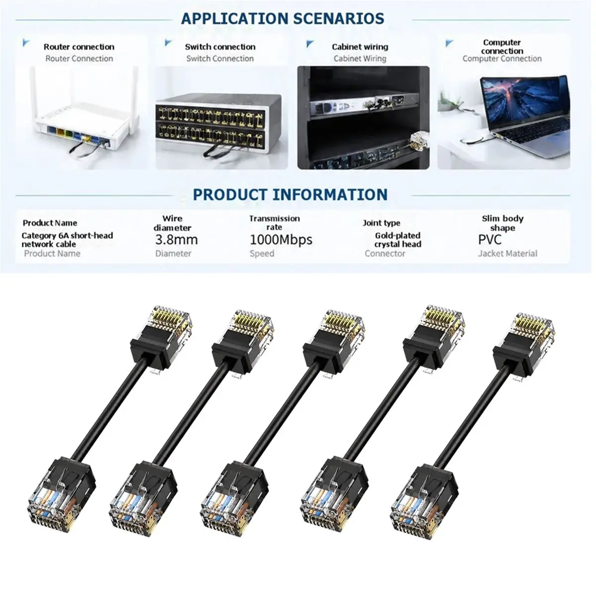 5Pcs Cat6/Cat6a Slim Short Head Ethernet Cable Ultra Thin RJ45 UTP Thin Round Ethernet Cable 10Gbps 250MHz 0.1M