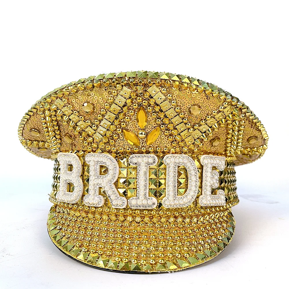 Women\'s Rhinestone Deluxe Rivet Gold Military Hat Handmade Deluxe Captain Sergeant Hat Rhinestone Bridal Wedding Hat gorras para