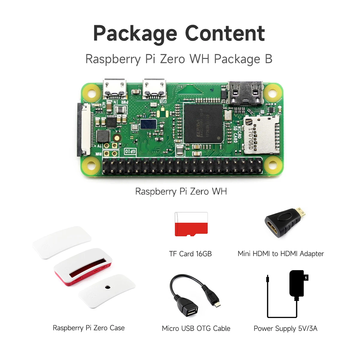 

Raspberry Pi Zero WH (built-in WiFi, pre-soldered headers) Type B, Micro SD Card,Power Adapter,Official Case, Basic Components