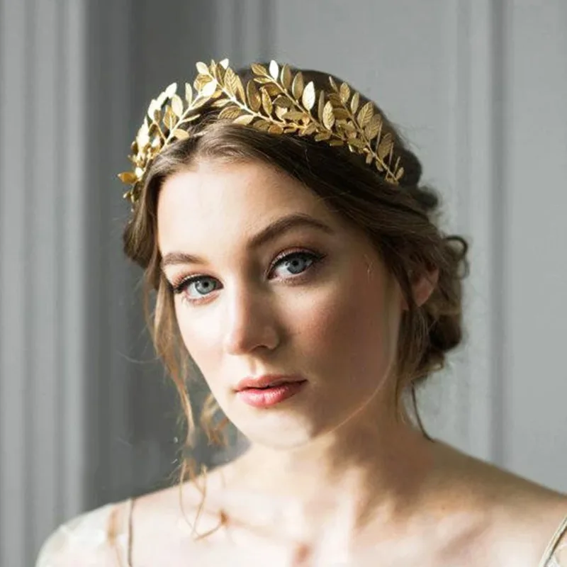 Grecian Leaf Back Fashion Golden Leaf Laurel Headwear Pearl Wedding Tiara Headband Hair Crown Bridal Hair Accessories