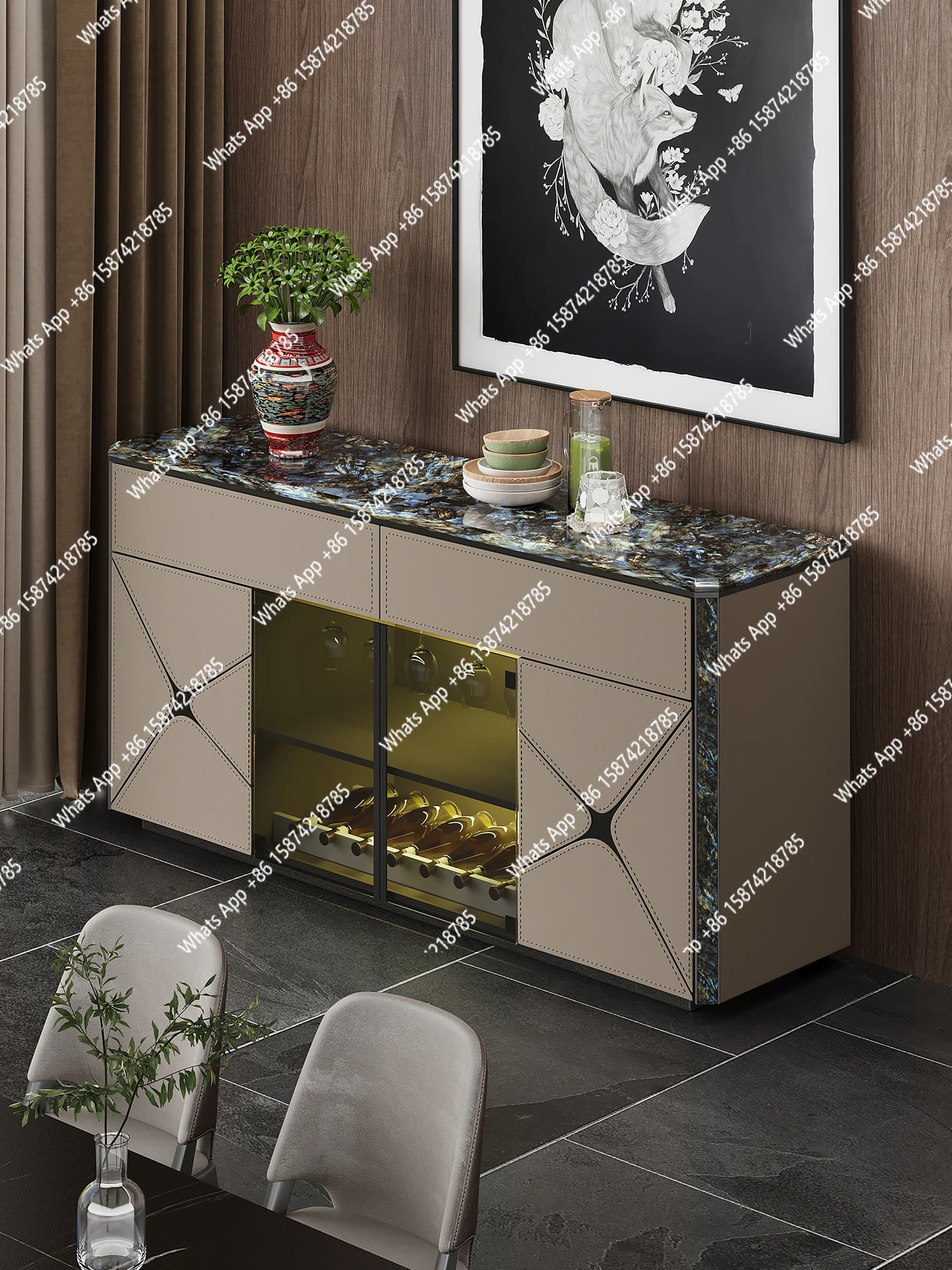 

Italian side cabinet light luxury high sense living room storage wall integrated natural marble wine cabinet