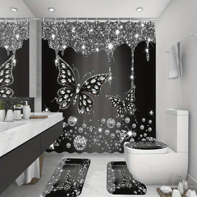 4pcs Black Glitter Butterflies Shower Curtain Set, Elegant Shower Curtain With 12 Hooks, Non-Slip Bathroom Rug, Toilet U-Shape
