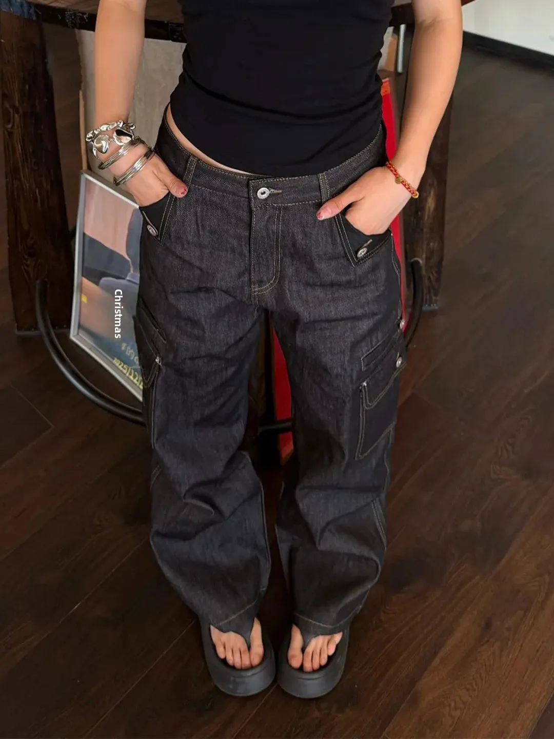 American Retro Workwear Denim Pants Men's Loose Straight Leg Wide Leg Long Trousers Autumn Fashion Button Design Sense