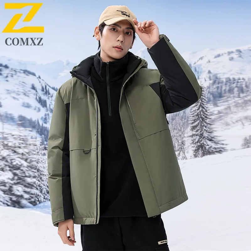 COMXZ Men Cotton Padded Jacket Solid Color Hooded Tool Waterproof Thick Warm Travel Padding Coat Snowy Windproof Puffer Jackets