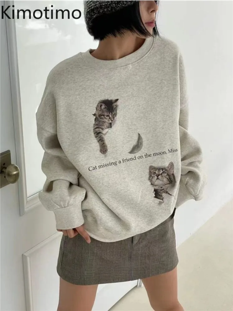 Kimotimo Harajuku Cat Printed Sweatshirt Women Autumn Winter Plus Velvet Loose Long Sleeve Pullover Fashion Casual Versatile Top