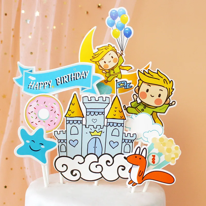 Prince Cake Topper Balloon Castle Star Moon Happy Birthday Kids Party Baby Shower Cupcake Toppers Decoration Baking Supplies DIY