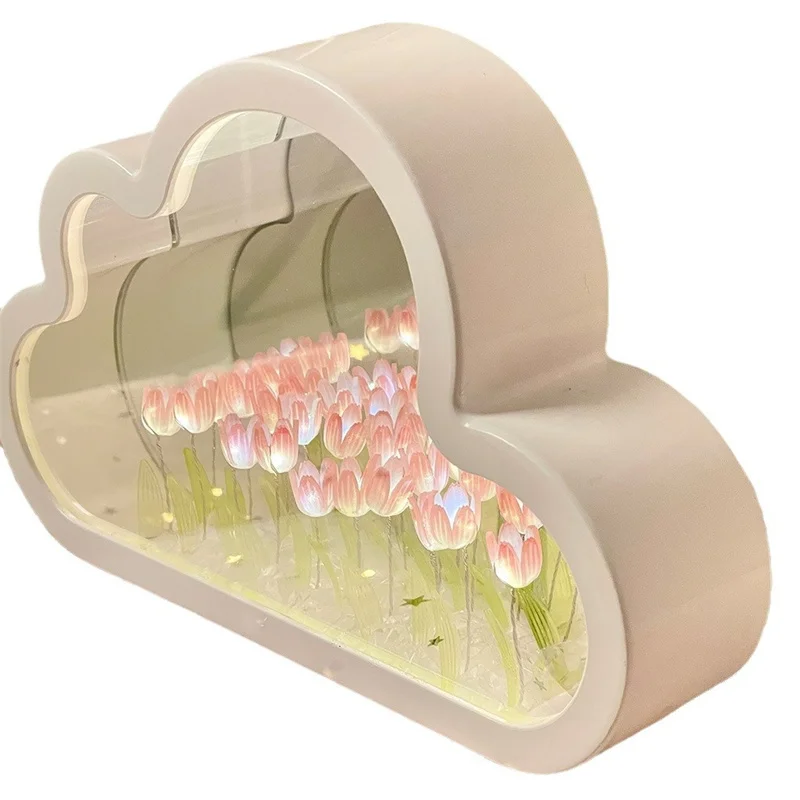 Cloud Tulip Night Light Handmade DIY Material Flower Home Decor Mirror Creative Atmosphere Lamp Birthday Gift Valentine\'s Day