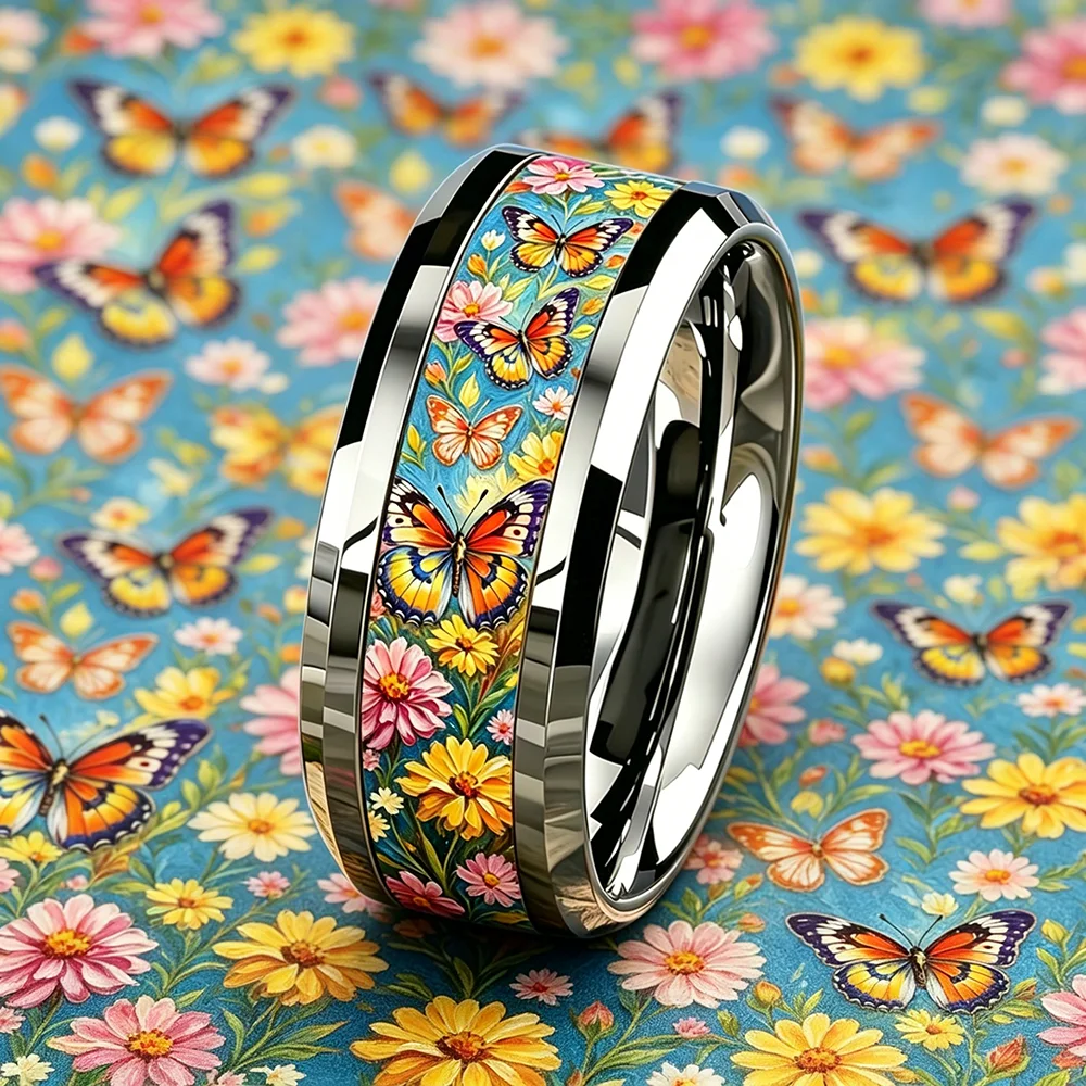 Boho Orange Butterfly Pink Yellow Daisy Floral Ring Fresh Spring Style Stainless Steel Rings For Women Men Wedding Jewelry Gift