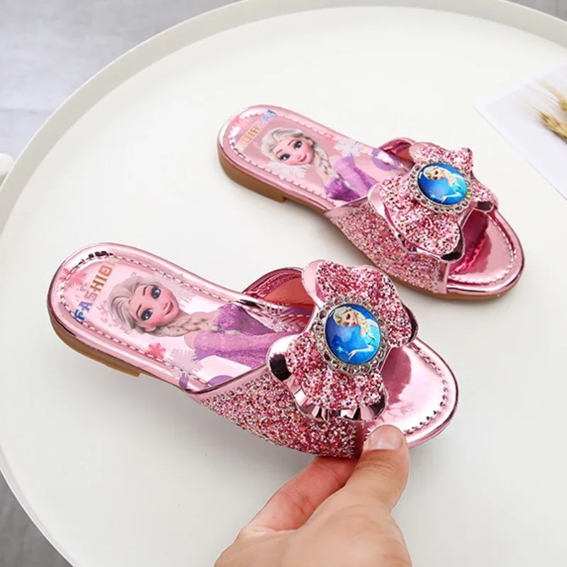 Children\'s Slipper for Girls Summer Princess Open-toe Flat Slippers Fashion Sequins Bowtie Fashion Causal Kids Frozen Elsa Soft