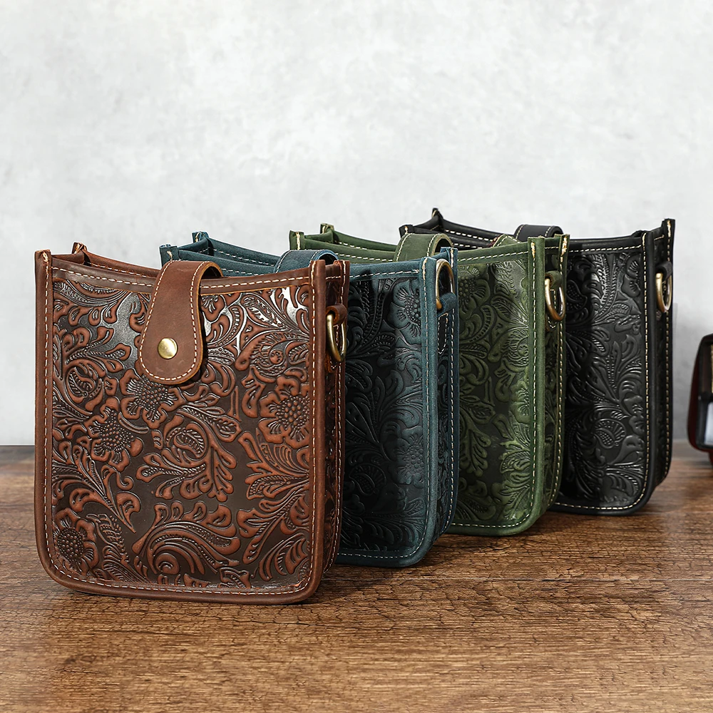 Women Genuine Leather Embossed Floral Crossbody Bag Vintage Shoulder Purse Adjustable Strap Casual Daily Messenger Handbag