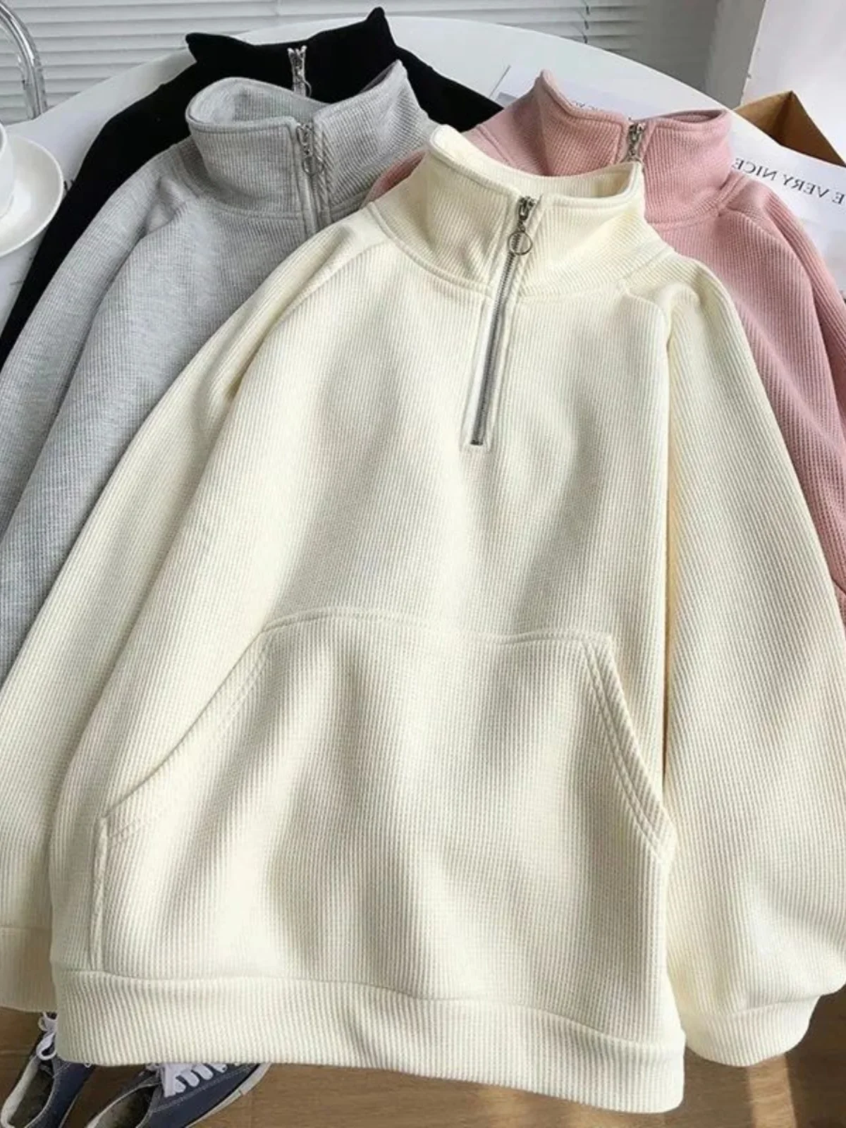 

Stand up Collar f Zipper Pullover Hoodie Street Sle Loose Fit Long Sve Sweatirt Stand up Collar Hoodie Zipper Design