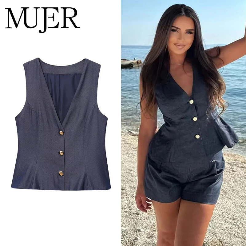 

MUJER Ruched Sleeveless Vest Top Woman Gold Button Waistcoat Women Holiday Casual Women's Vest Streetwear Jacket Vests for Women