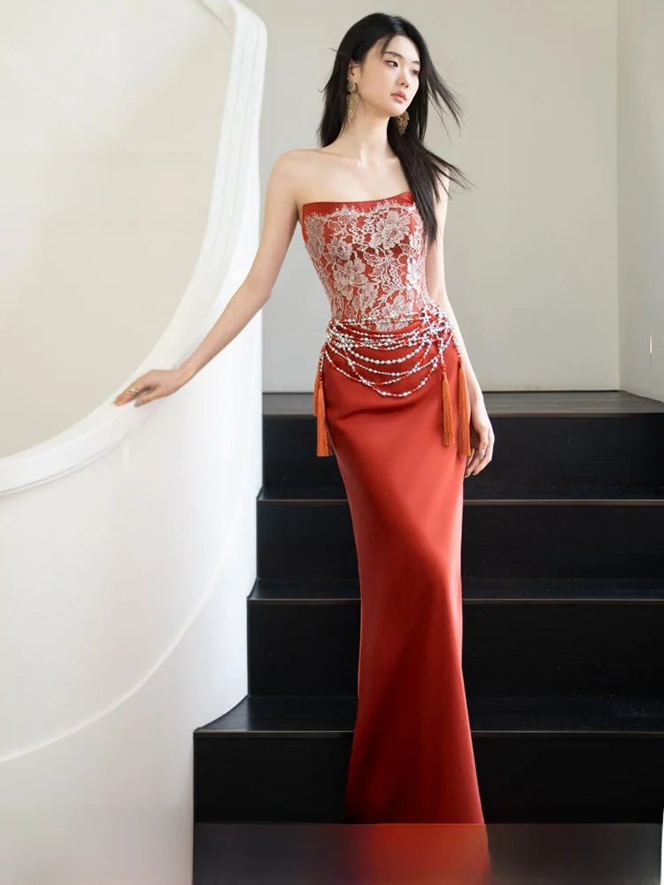 

Red Wedding Dr Chinese Sle Bridesmaid Gown with Train for Engagement Par Banquet Dinner Fi Tail Skirt Evening Gown