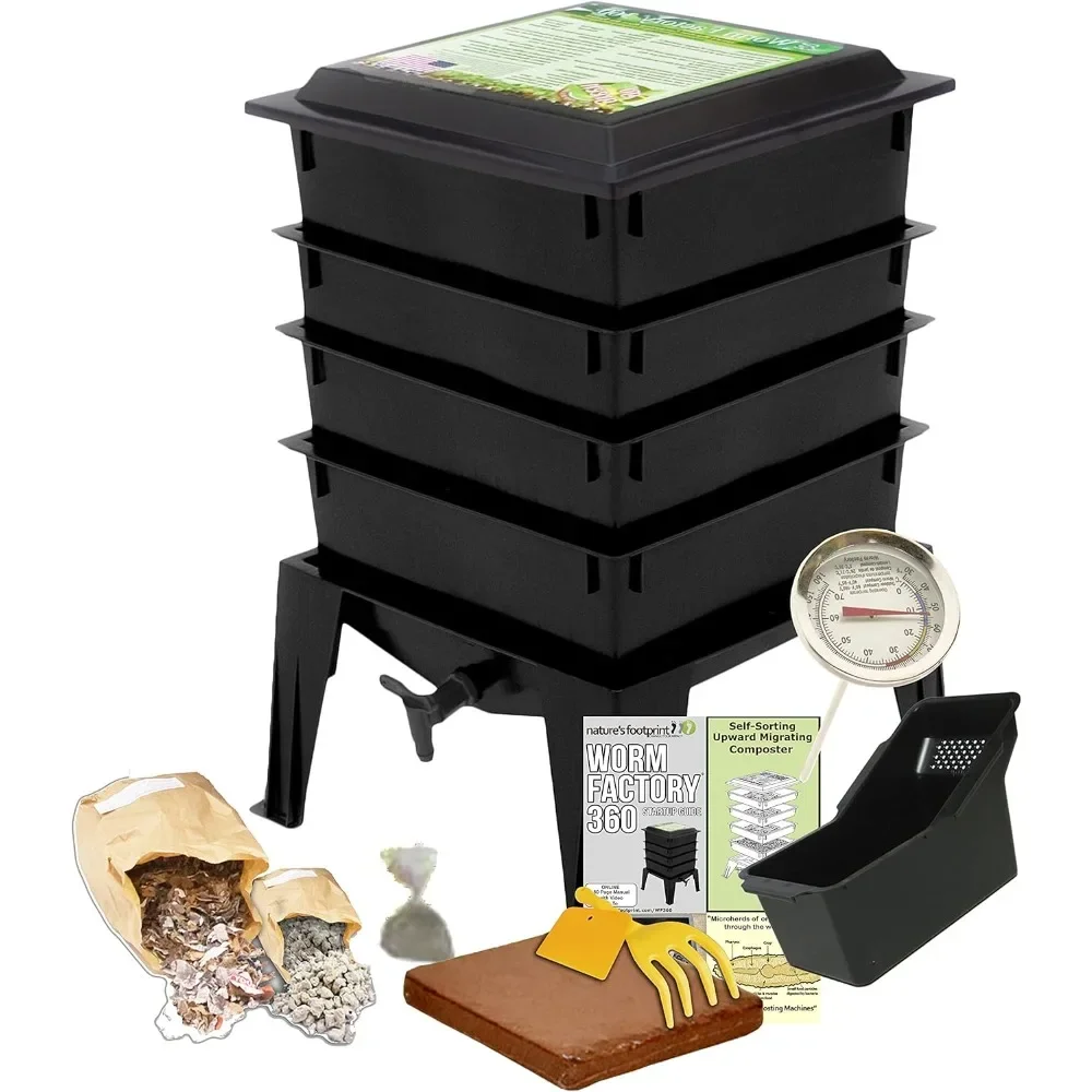 

4 Outdoor Composting Bins with Trays for Food Waste Recycling, Capable of Efficiently Composting Earthworms and Easy To Assemble