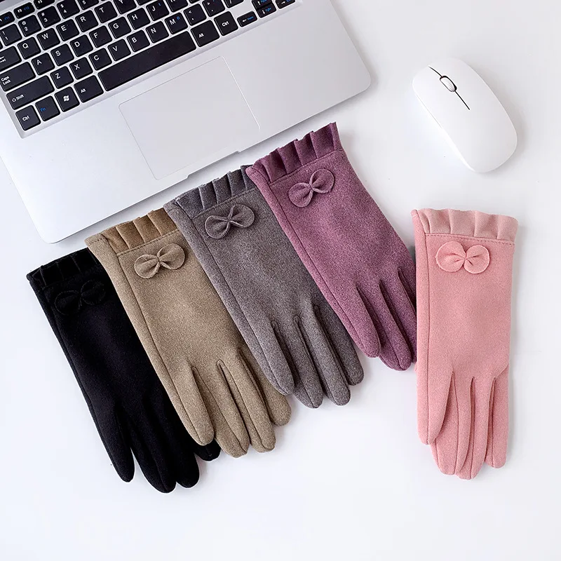 

Autumn Winter Women Keep Warm Touch Screen Thick Cute Lovely Sweety Bow Outdoor Drive Cycling Windproof Soft Elasticity Gloves