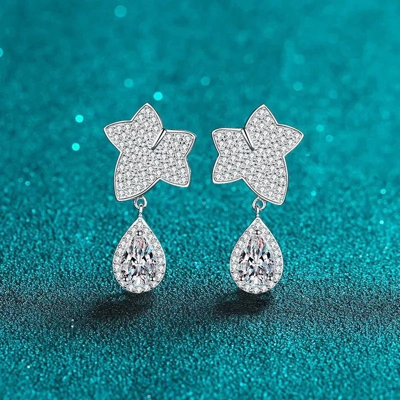 Platinum Pt950 White Gold 18K Drop Earrings for Women Maple Leaf Drop 2ct Moissanite Diamond Earrings Wedding Fine Jewelry