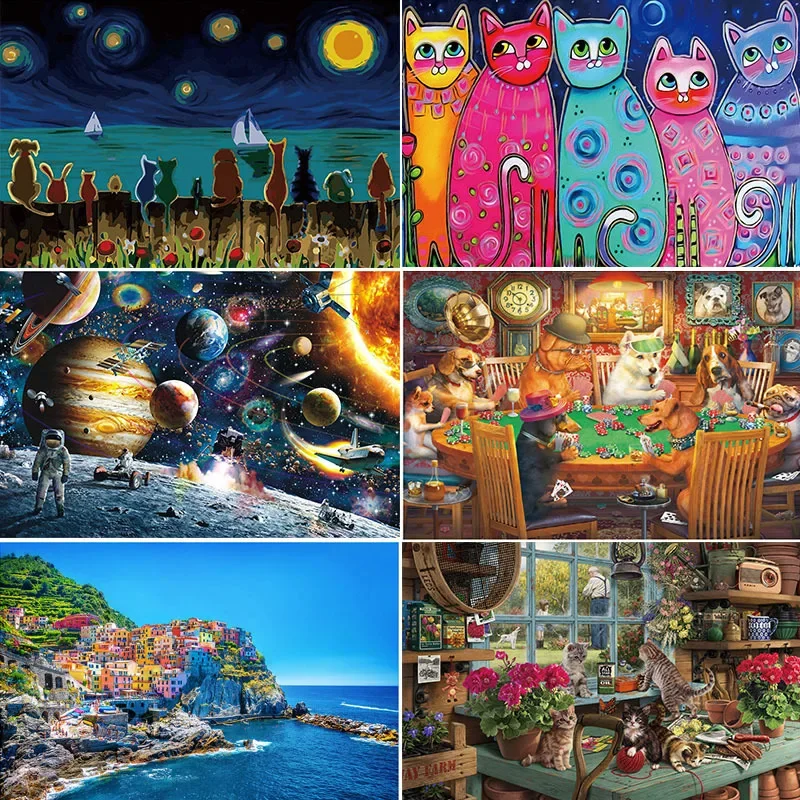 38*26cm Adults 1000 Pieces Paper Jigsaw Puzzles Puppy Gathering Cute Animals Paintings Stress Reducing Toys Christmas Gifts