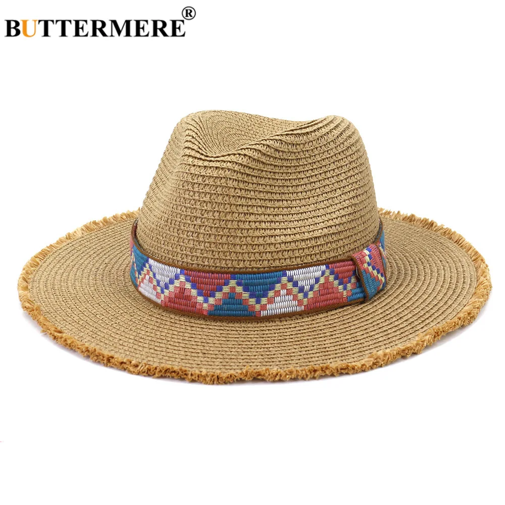 

BUTTERMERE Summer Wide Brim Women Straw Hats Ladies Khaki Embroidery Jazz Hats Fashion Travel Beach Female Outdoor UV Cap