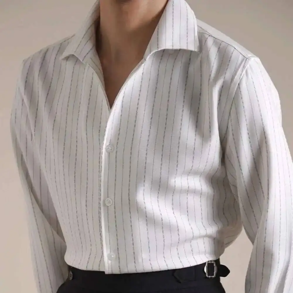 

Italian Style One-piece Collar Striped Long Sleeved Shirt For Men Streetwear Business Casual Shirts Men Dress Overhemden Heren