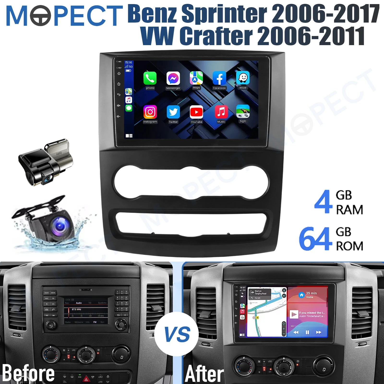 MOPECT Autoradio Android 15 da 10 pollici 4+64GB per VW Crafter 2006-2011 / Mercedes Sprinter 2006-2017 con WiFi CarPlay GPS BT+DVR&AHD
