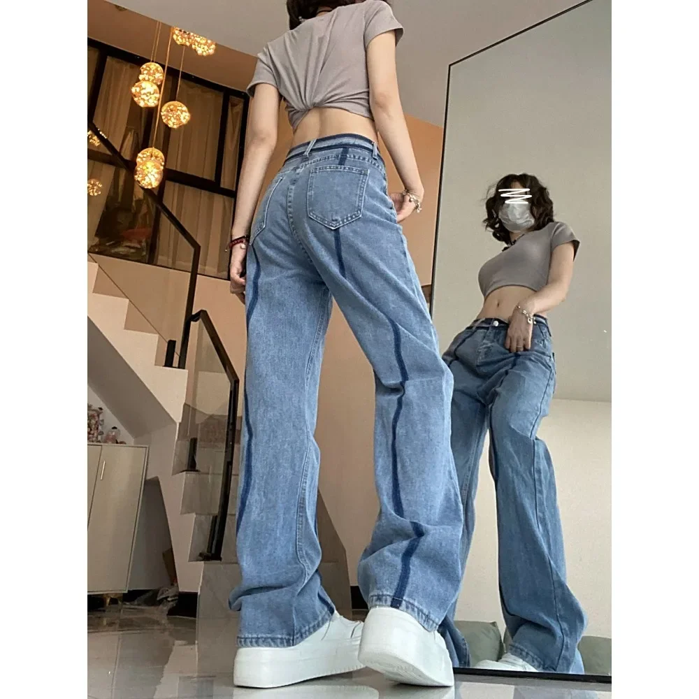 2025 Jeans dames nieuwe stijl patchwork ontwerp, hoge taille rechte pijpen wijde pijpen losse afslankende dweilbroek dames y2k streetwear