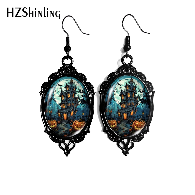 2024 New Halloween Haunted House Dangle Earring Black Lace Earrings Oval Glass Photo Jewelry Gifts Party