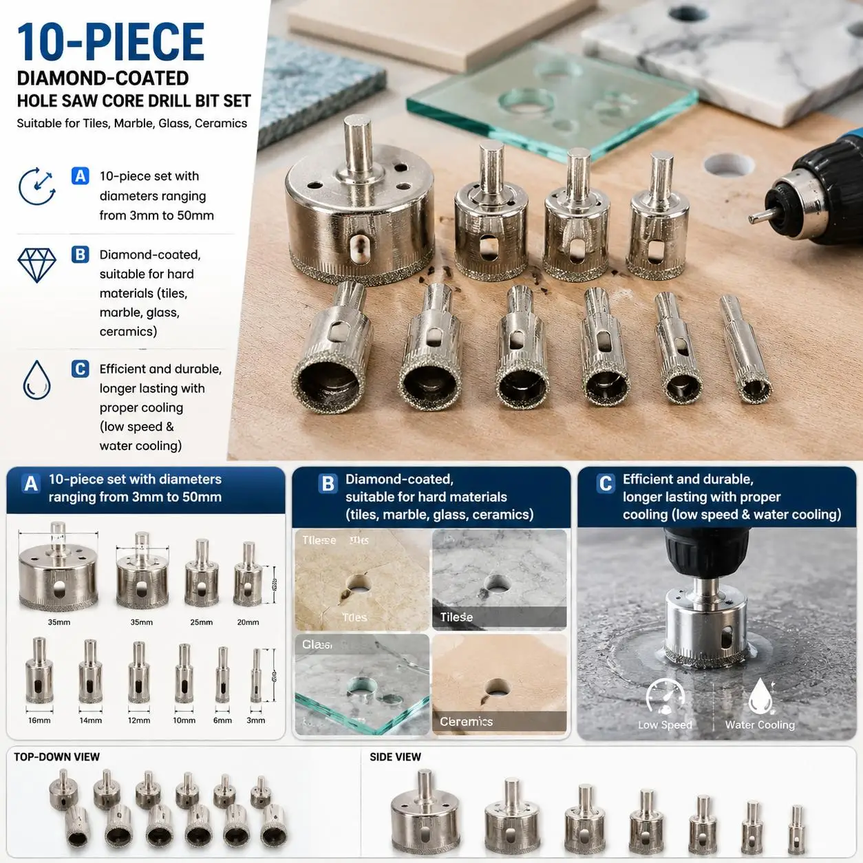 Diamond Coated Drill Bits Set 10 Pieces Premium Hole Saw Core Drill Bits Kit for Ceramic Tile Glass Porcelain Marble Granite Quartz Smooth Cutting High Performance Power Tool Accessories for Professionals DIY Enthusiasts Home Improvement Projects