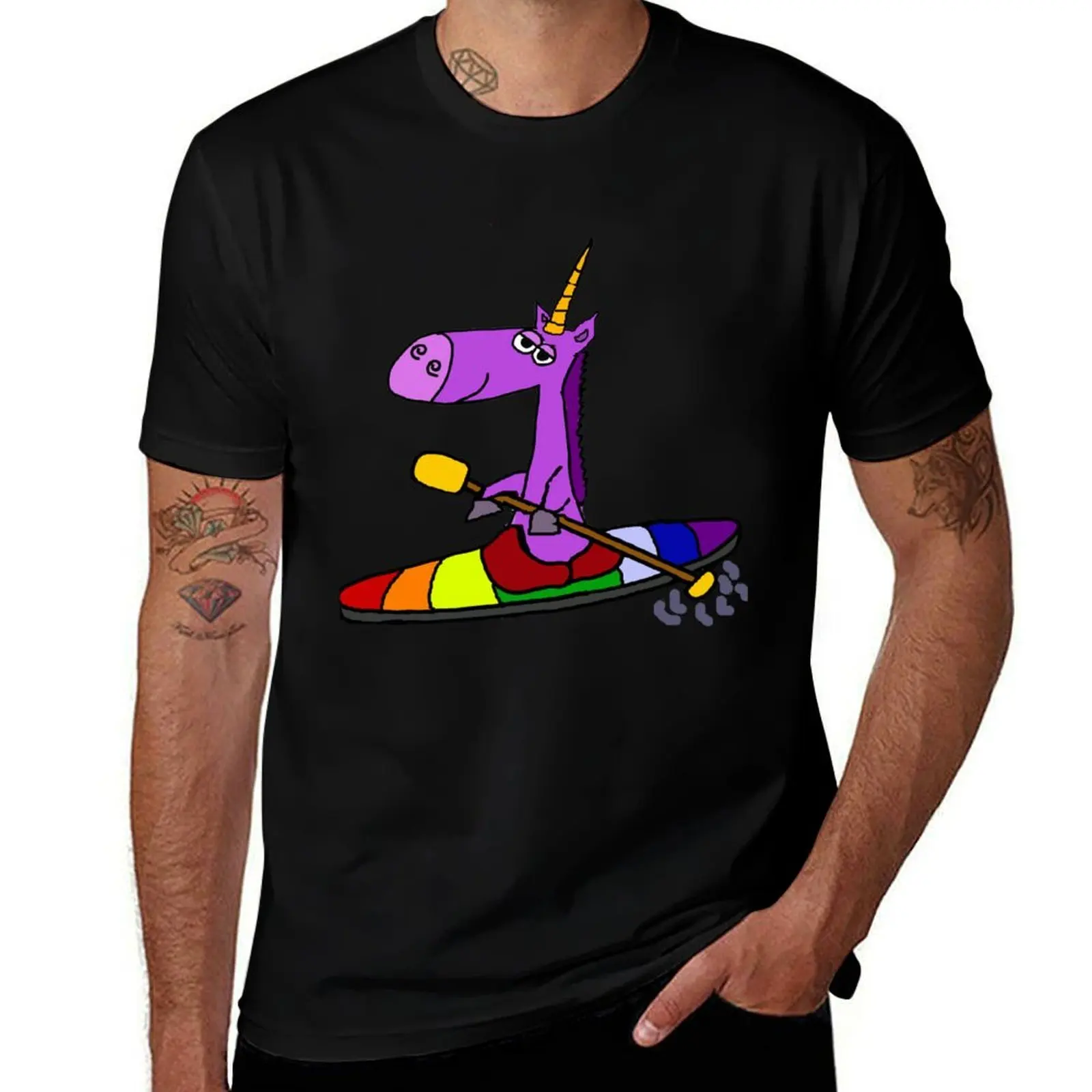 Funny Unicorn in Rainbow Kayak Cartoon T-Shirt Ultra Soft Breathable Tee Top T-Shirt