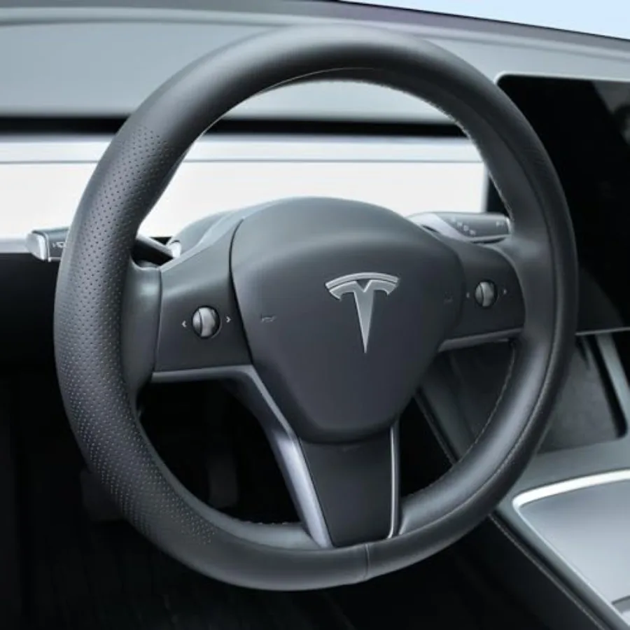 

Nappa Leather Steering Wheel Cover Compatible with Tesla Model 3/Y 2016-2025 2026 Juniper/Highland, Non-Slip Breathable Model 3