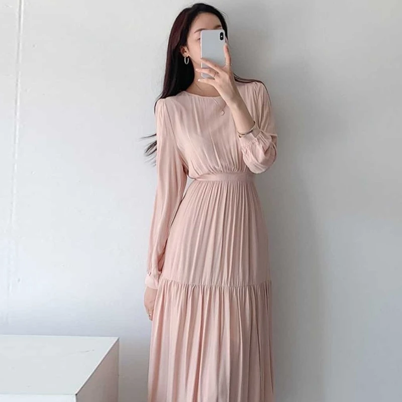 Nomikuma Korean Chic A Line Dress Women Solid Color Slim Waist O Neck Long Sleeve Pink Dresses Elegant Fashion Vestidos Mujer