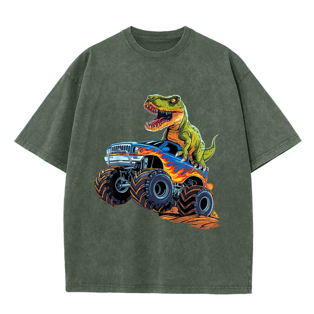 Monster Truck Dinosaur Birthday Party Boy T-Shirt Men's Short Shirts Men Anime Green Sleeve Tee Graphic Summer Top Casual Humor