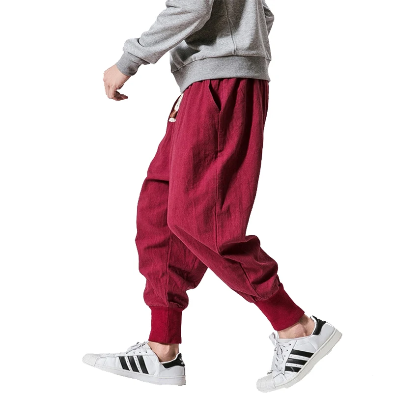 

2023 Men Harem Pants Japanese Casual Cotton Linen Solid Trouser Man Jogger Pants Chinese Style Sweatpants