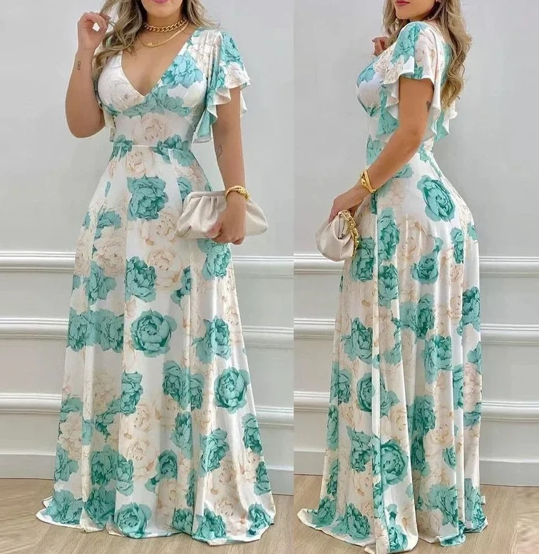 

Платье с длинным рукавом для женщин, лето 2022, с цветочным принтом, для поездок на работу, с v-образным вырезом на талии, платья с принтом, пуловер на молнии, короткая юбка Y2k