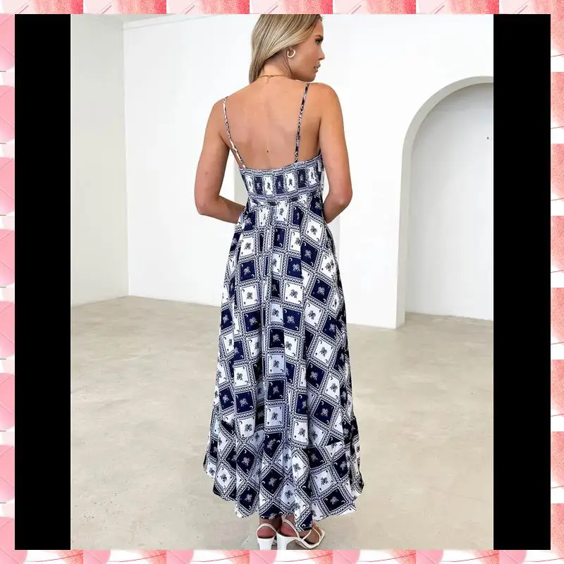 Women Graphic Maxi Dress Spaghetti Strap Floral Boho Long Dress Flowy Summer Holiday Beach Dress