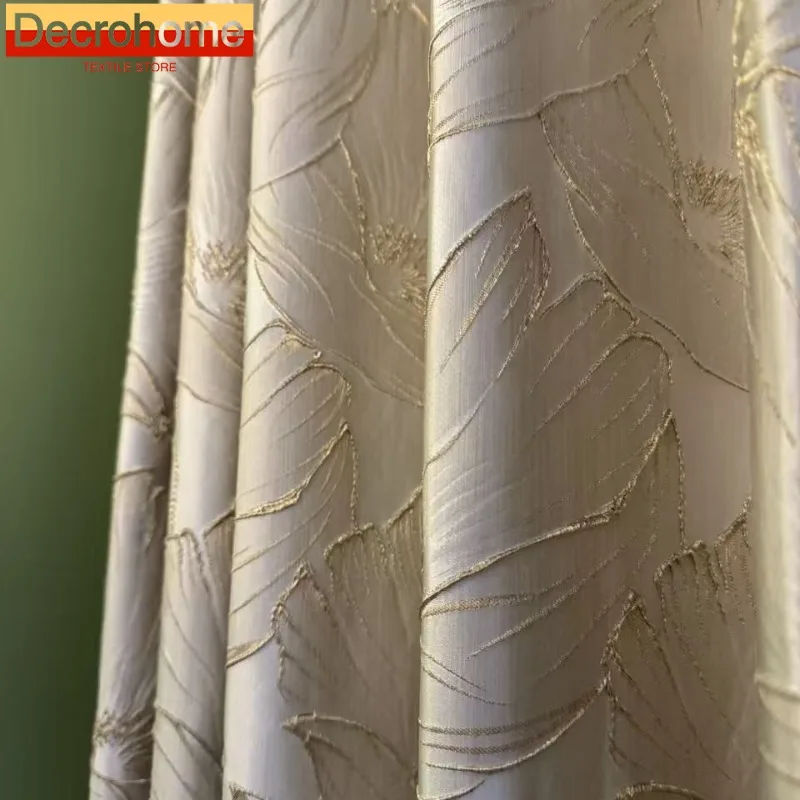 New Yingri Golden Lotus Embossed Curtain Gold Silk Jacquard High Density Curtains for Living Dining Room Bedroom Custom Size