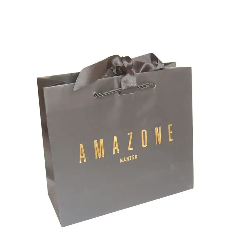 custom gift bag Jewelry retails gold foil logo clothing shopping black kraft paper bag with logo