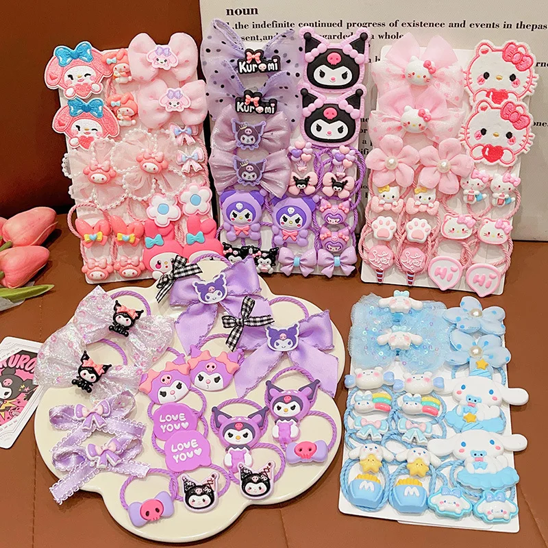 18Pcs Sanrio Kawaii Hello Kitty Stretch Bow Hair Tie for Kids Kulomi Double Ponytail Leather Band Hair Accessories Student Gift