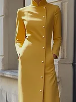 Freeacy Women's Yellow Mandarin Collar Diagonal Long Sleeve Buttoned Maxi Dress for Wedding Guest 2026 Luxury Office Dress - Image 2