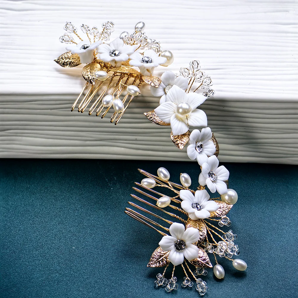 Ceramic Flower Bridal Hair Comb Pearl Wedding Hair Ornament Crystal Wedding Tiara Bridal and Bridesmaid Rhinestone Hair Ornament